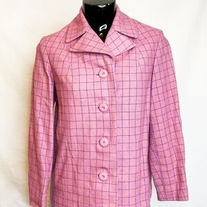 70s Vintage Pink Plaid Wool Blazer Jacket Small